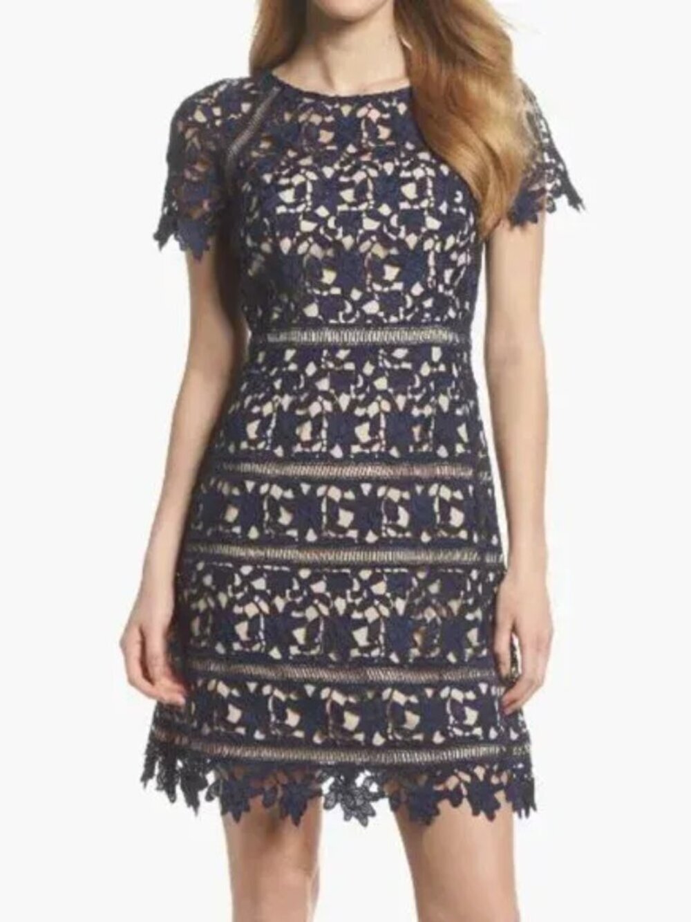 Eliza J Navy Blue Crochet Lace Overlay Sheath Dress Women Size 14